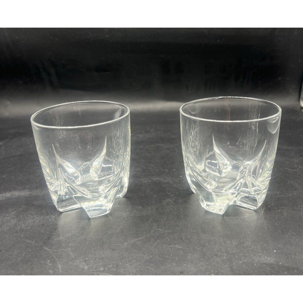 Vintage Clear Glass Whiskey Tumblers Heavy X Cross Base Lowball Set of 2